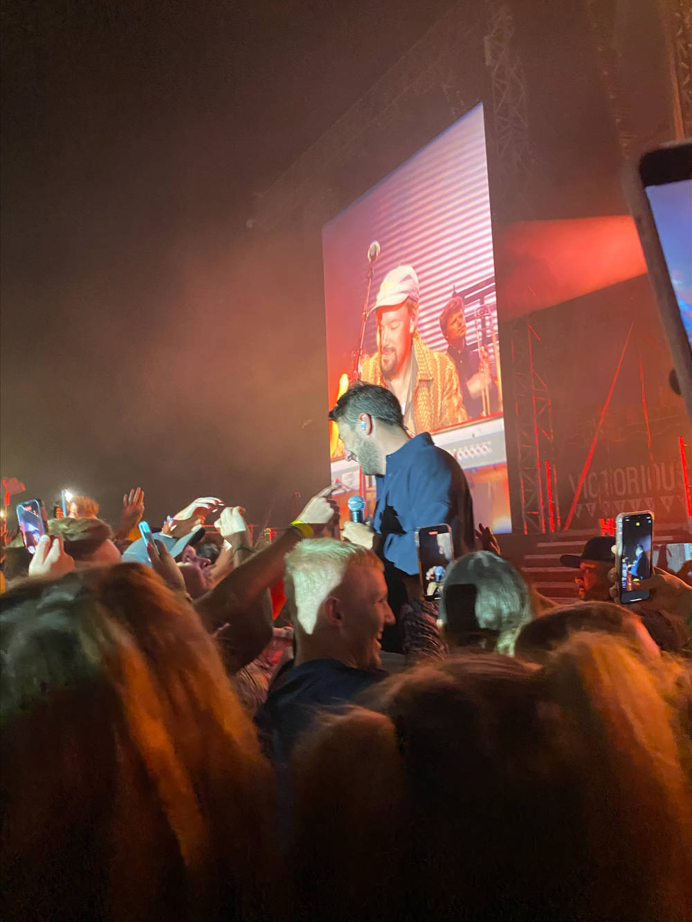 Crowds smiling and dancing next to the stage at night at Victorious Festival.