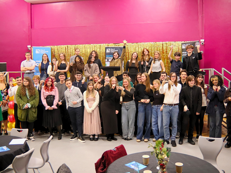 Winners of the 2025 Sixth Form Awards gather on stage for a group photo