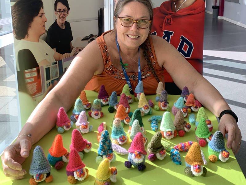 Lynn Counsell seen with her hand-knitted gonks and stress toys.