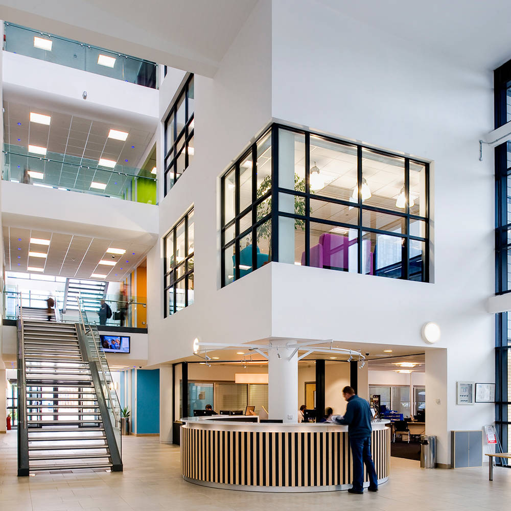 Highbury Campus reception area and stairs.