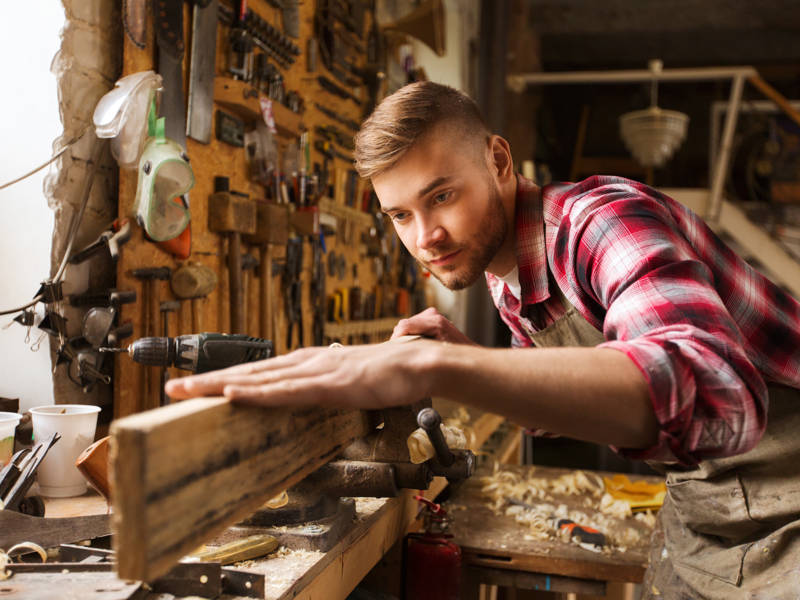 Male student at workbench for Level 2 Apprenticeship Standard in Carpentry.