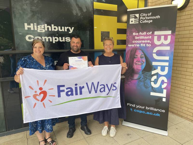Mickiela Blake, Gareth Webb (Fair Ways) and Katy Quinn, Principal & CEO holding a Fair Ways banner