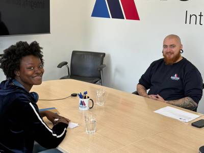 Two people recording the first Workwise podcast